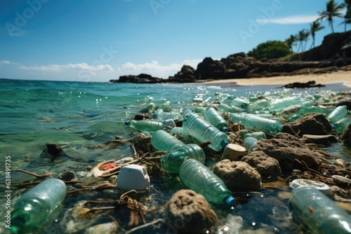 Plastic pollution in ocean and sea - environmental problem. Garbage plastic - bags and bottles in water and beach.
