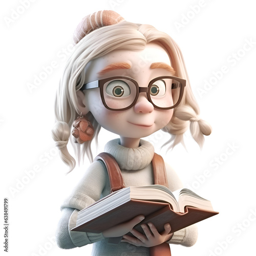 3D rendering of a cute cartoon girl reading a book isolated on white background