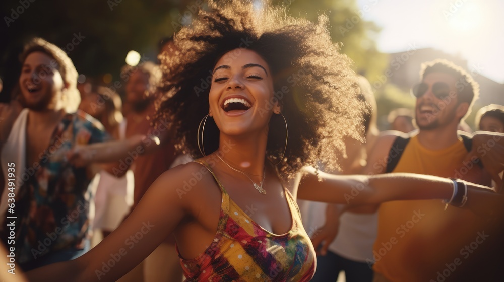 Epitomizing youth and fun people, Diverse, energetic group of millennials dancing with joy and excitement at a lively music festival, Generative AI