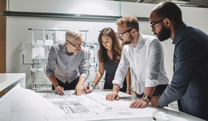 In a dynamic office setting, architects and designers collaborate on a creative project. They discuss blueprints, brainstorm ideas