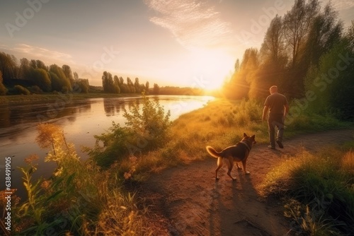 In the midst of a picturesque park during a warm summer sunset, a young person and their loyal dog, a charming Labrador Retriever, walk together in harmony.
