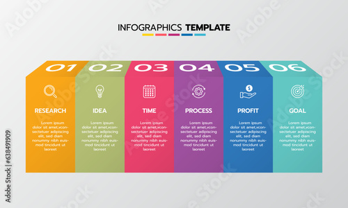 Business infographic template process with simple geometry square, rectangle, circle, triangle, curves in flat design template with thin line icons and 6 options or steps. Vector illustration.