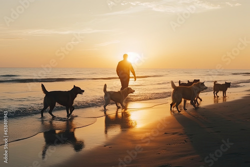 At the beach during a stunning sunset, a man walks his adorable Labrador Retriever. Their silhouette embodies the beauty of friendship, creating a lively and joyful scene by the water.