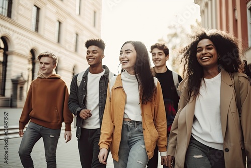A diverse group of friends enjoys a fun and lighthearted moment in the city. Their laughter and camaraderie capture the essence of youthful friendship and the joy of spending time together.
