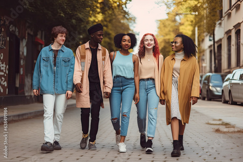 A mixed group of stylish friends enjoys a sunny day in the city. Their youthful energy and diverse backgrounds exemplify the beauty of modern friendships and community bonds.