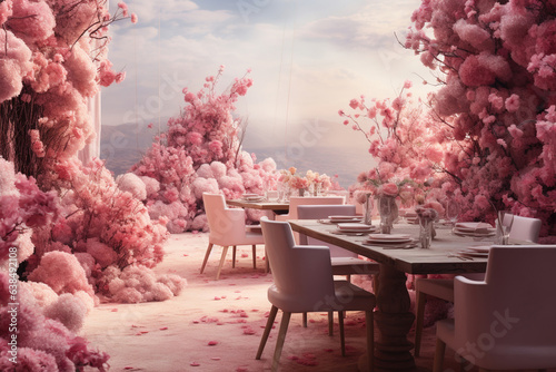 Pink table setting roses flowers decoration generative ai