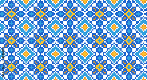 Ukrainian vector textile, fabric, cloth seamless pattern, print. Ukrainian folk, ethnic pattern in yellow and blue colors. Pixel art, vyshyvanka, cross stitch