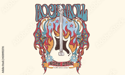 Rock t-shirt design. Rock and roll vector graphic print design for apparel, stickers, posters, background and others. Guitar fire artwork.