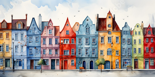 Cozy european city street watercolor illustration 