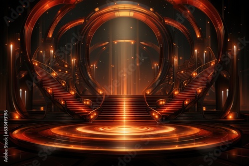 Theater podium stage with glowing lights background. Glitter. Illustration. Abstract. Red. Technology. Generative AI