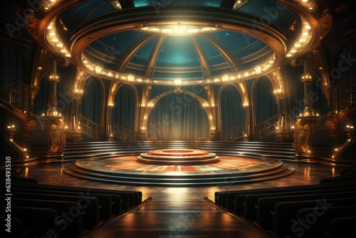 Theater podium stage with glowing lights background. Glitter. Illustration. Abstract. Luxury. Generative AI
