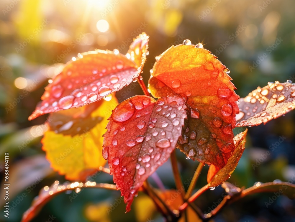 Vibrant autumn leaves, their surfaces delicately kissed by dew, shimmer under the soft caress of morning sunlight. Vibrant autumn leaves, their surfaces delicately kissed by dew, shimmer under the soft caress of morning sunlight.