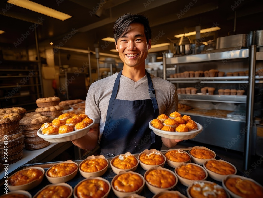 A proud baker showcases a spread of fresh pumpkin pies, set against the inviting ambiance of a warm bakery.