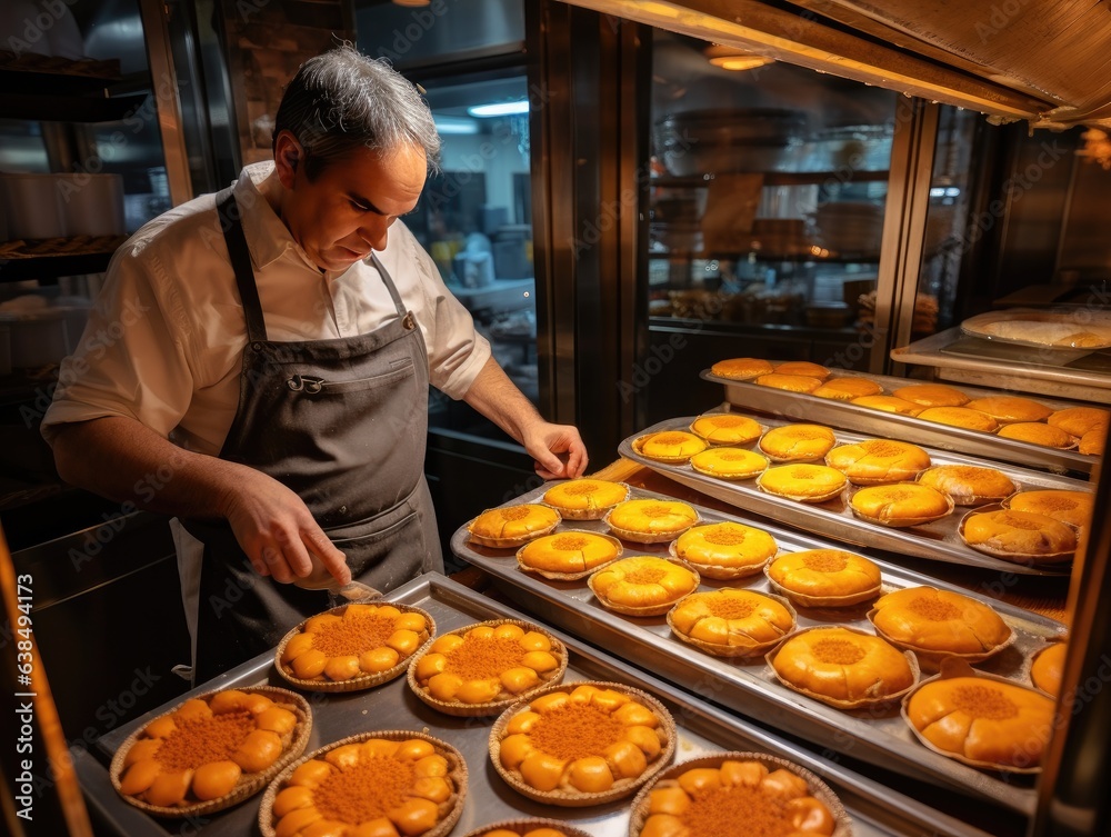 A proud baker showcases a spread of fresh pumpkin pies, set against the inviting ambiance of a warm bakery.