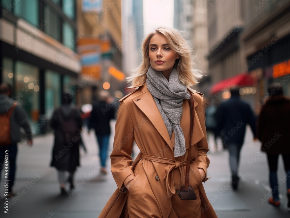 Fototapeta premium Elegant woman displays trendy wardrobe, walking on a blurred, stylish urban street, embodying glamour and luxury.