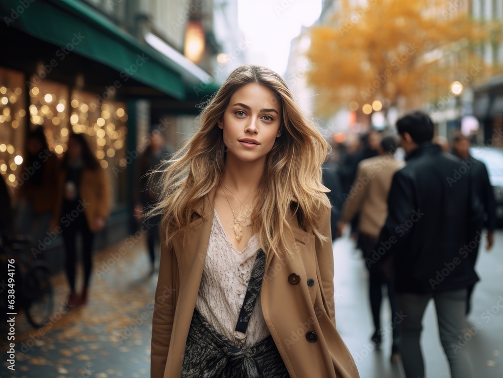 Fashion-forward individual displaying autumn attire, with a bustling urban street softly blurred in the background.