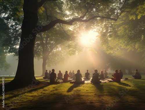 Group engaged in serene yoga poses in a park, with the early morning mist weaving between trees.
