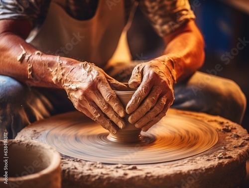 A close-up shot captures an artisan's skilled hands, meticulously molding clay into a piece of pottery, epitomizing craftsmanship and dedication.