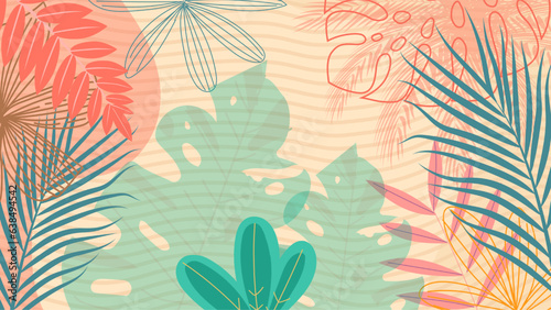 Tropical leaves summer frame with sand beach copy space. Palm leaves. Rainforest. Summer tropical leaf. Summertime style. Summer vector.
