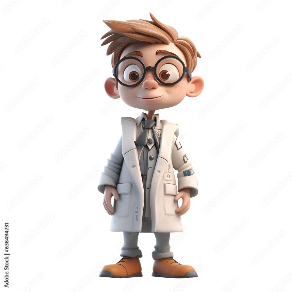 3D illustration of a cute cartoon boy in a lab coat and glasses