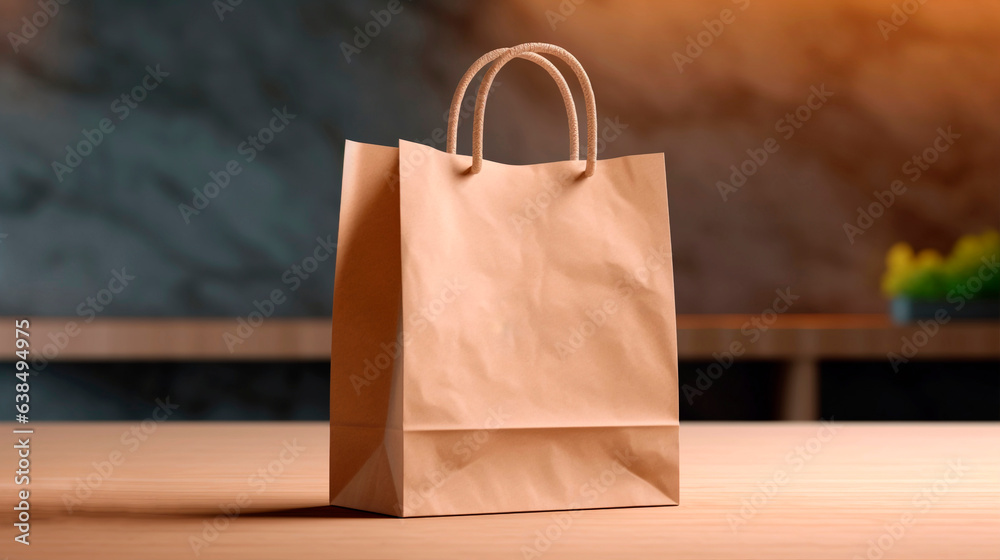 Φωτογραφία Mockup of wooden paper shopping bag on the wooden table of restaurant or food store