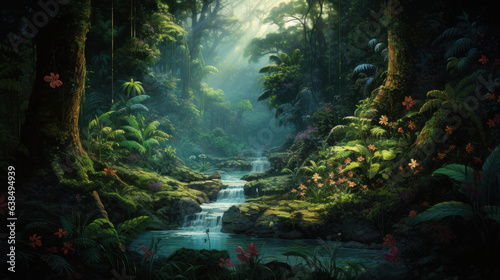 Dark tropical forest scene, water stream, sunlight rays, digital painting of jungle, lots of trees, plants and flowers, whimsical landscape, detailed illustration