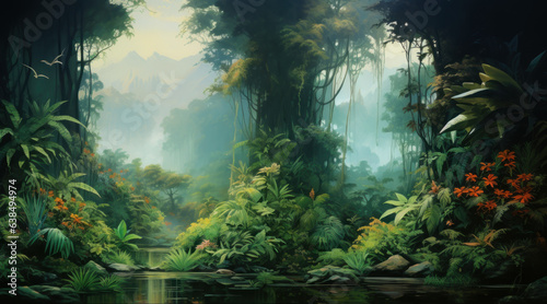 Digital painting of dark tropical rainforest, lots of tropical trees, plants and lianas and flowers, horizontal jungle scene, mysterious fog, beautiful art background © Favebrush