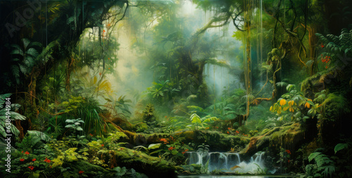 Wide tropical forest scene, lots of trees, water stream, plants and lianas, digital painting, dark background, mysterious fantasy landscape