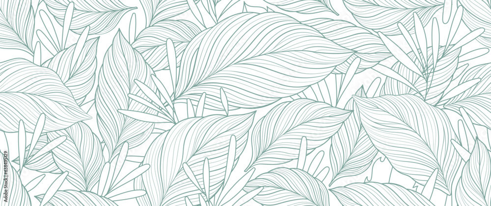 Tropical leaf line art wallpaper background vector. Design of natural monstera leaves and banana leaves in a minimalist linear outline style. Design for fabric, print, cover, banner, decoration