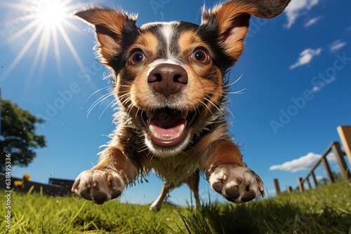 Funny cheerful pet playful dog running with open mouth in nature on a sunny day, action portrait animal fisheye view