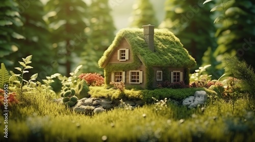Miniature wooden house in spring grass, moss and ferns on a sunny day. Green and environmentally friendly Eco house concept.