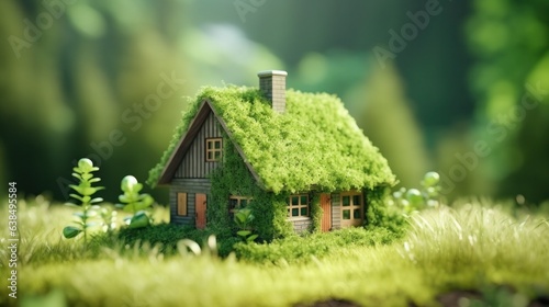 Miniature wooden house in spring grass, moss and ferns on a sunny day. Green and environmentally friendly Eco house concept.