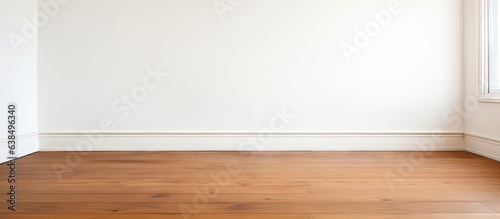 Empty room background featuring a white wall and brown wooden floor
