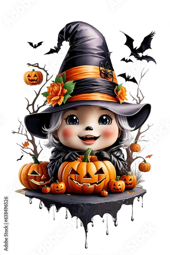 Little witch with black nose surrounded by pumpkins and bats, Happy Halloween, Generative AI
