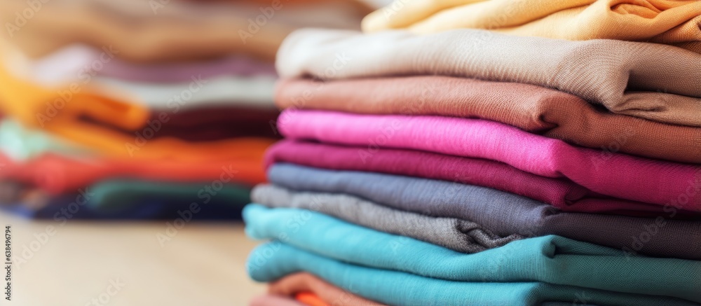 Close up top view of a colorful pile of fabric emphasizing the concept of DIY sewing and tailor work in home interiors Close up top view of a colorful pile of fabric emphasizing the concept of DIY sewing and tailor work in home interiors