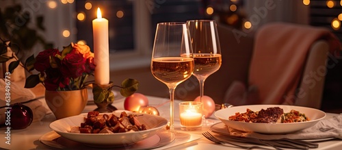 Cozy and festive Christmas eve dinner setting with beautiful table decoration indoors