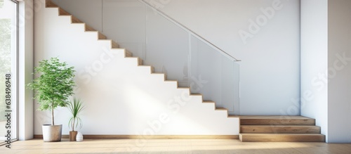 A modern house with white walls has a staircase in a spacious hallway that leads to a glass door © HN Works