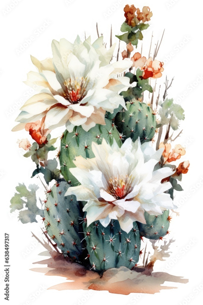 Naklejka premium Blooming cactus with white flowers watercolor illustration on a white background.