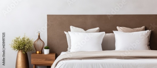 Modern bedroom design with a white bed brown pillow lamp on side table