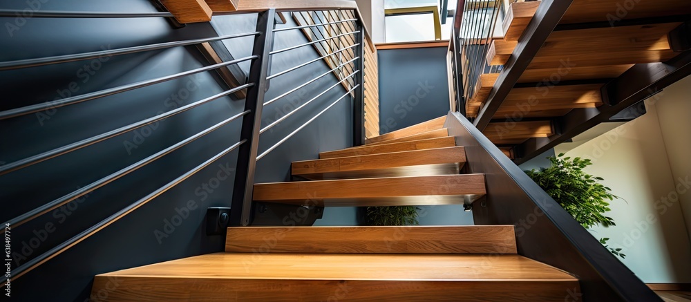 Luxurious home with a wooden and steel staircase viewed from below
