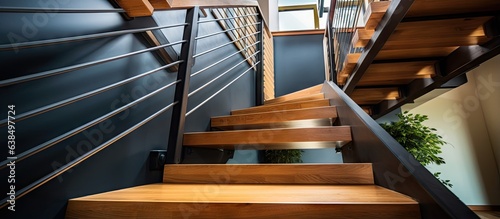 Luxurious home with a wooden and steel staircase viewed from below