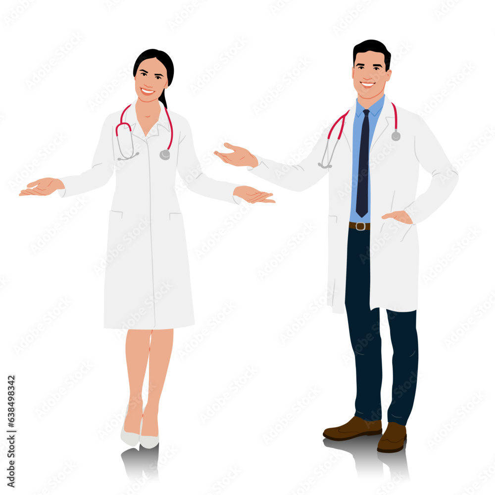 Hand-drawn male and female doctors in white coats. Happy smiling doctors with a stethoscopes. Healthcare workers pose. Different color options. Vector flat style illustration set isolated on white Hand-drawn male and female doctors in white coats. Happy smiling doctors with a stethoscopes. Healthcare workers pose. Different color options. Vector flat style illustration set isolated on white
