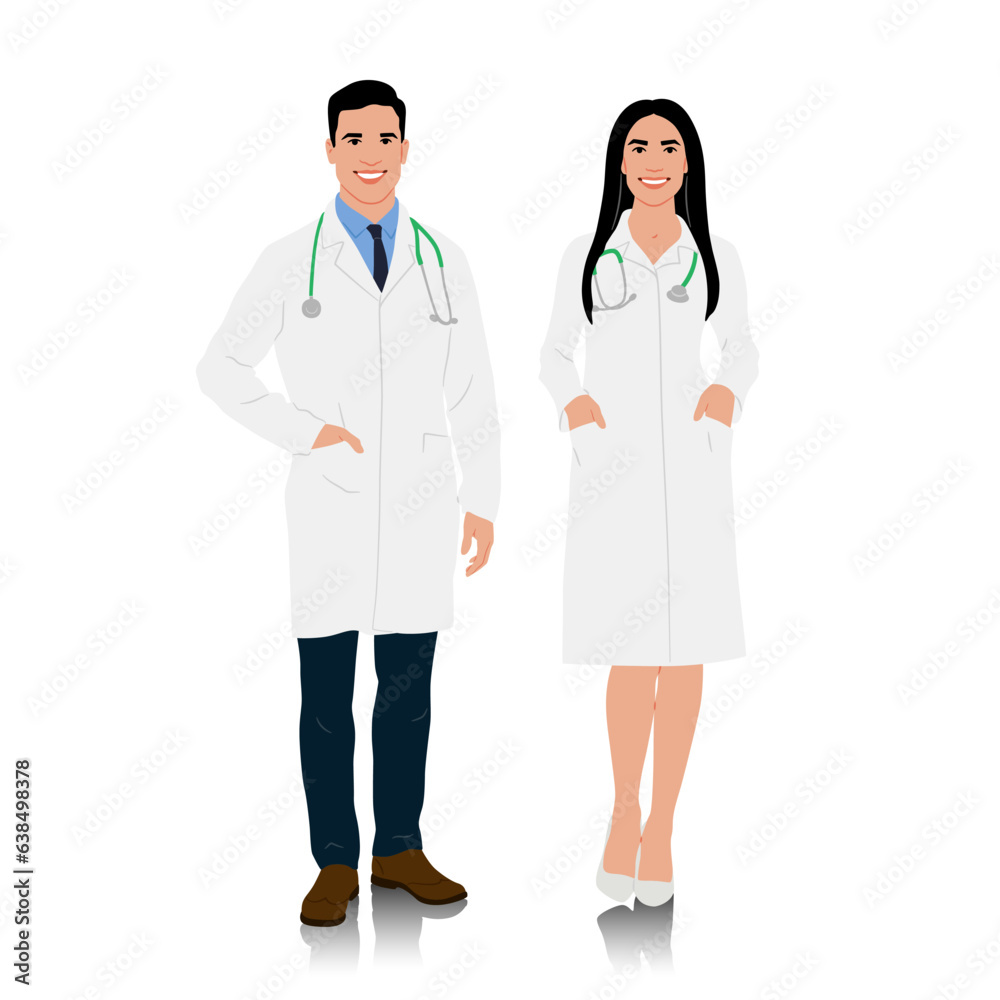 Hand-drawn male and female doctors in white coats. Happy smiling doctors with a stethoscopes. Healthcare workers pose. Different color options. Vector flat style illustration set isolated on white Hand-drawn male and female doctors in white coats. Happy smiling doctors with a stethoscopes. Healthcare workers pose. Different color options. Vector flat style illustration set isolated on white