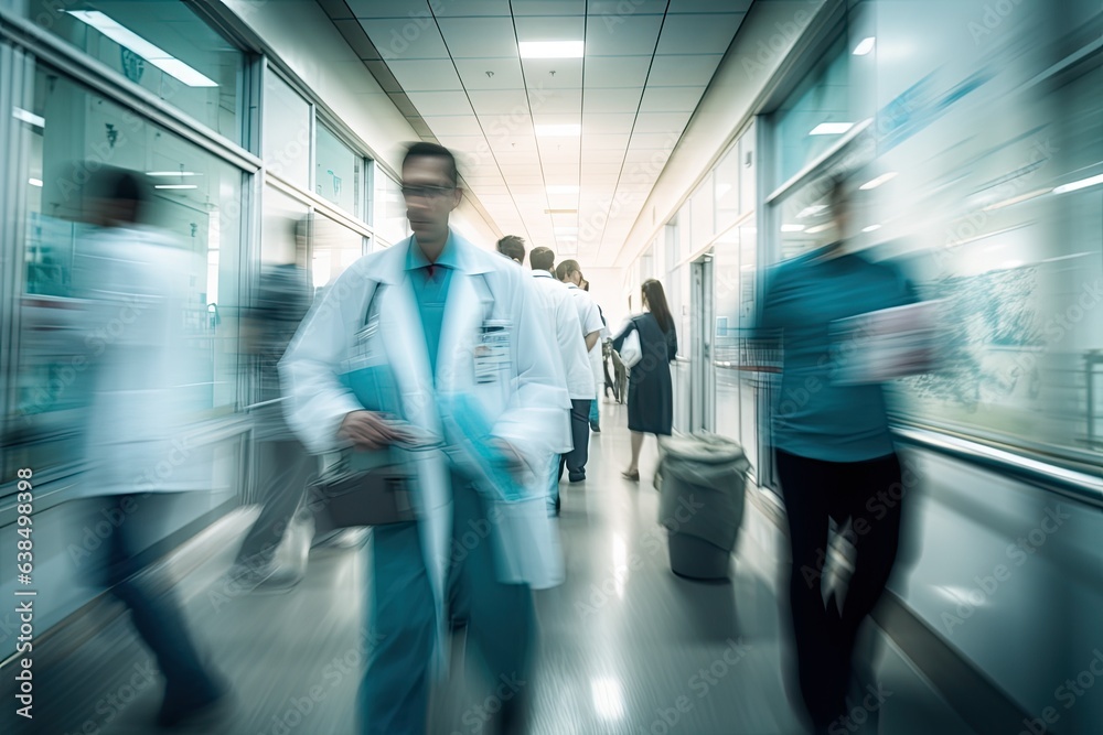 Doctor walking in hospital with blurred. Generative AI Doctor walking in hospital with blurred. Generative AI