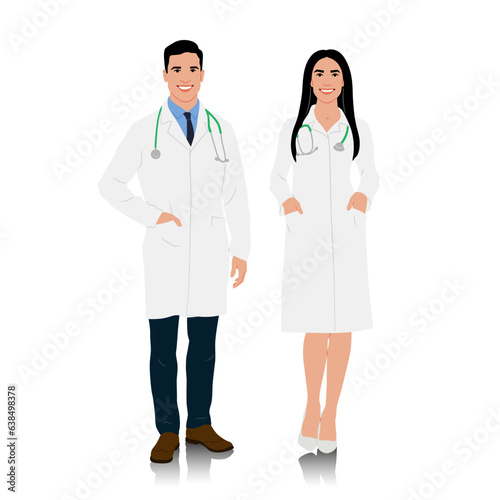  Hand-drawn male and female doctors in white coats. Happy smiling doctors with a stethoscopes. Healthcare workers pose. Different color options. Vector flat style illustration set isolated on white
