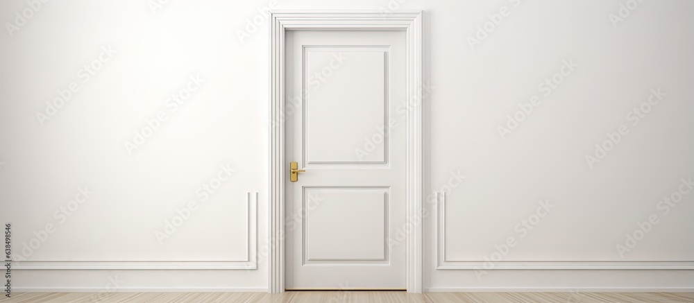 White wooden door with gold doorknob on gray wall