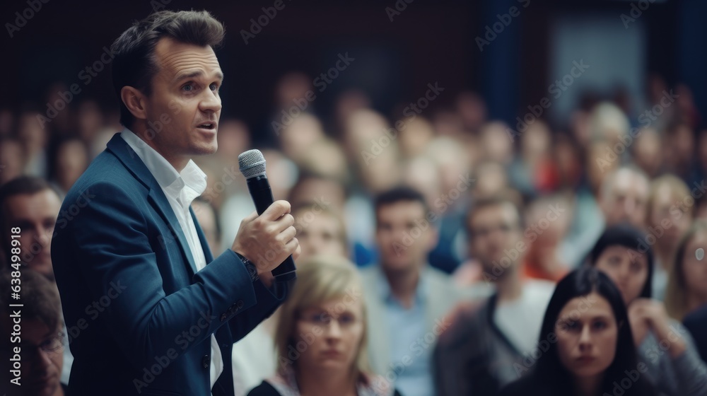 A speaker with microphone in front of audiences. Comedy music and theater live performance, Generative AI A speaker with microphone in front of audiences. Comedy music and theater live performance, Generative AI