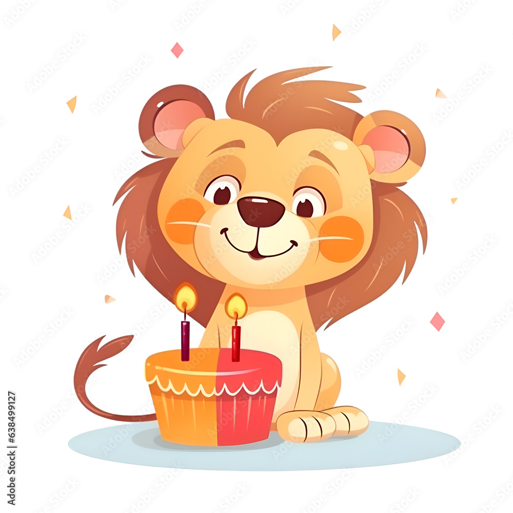 Cute cartoon lion with birthday cake. Vector illustration isolated on ...