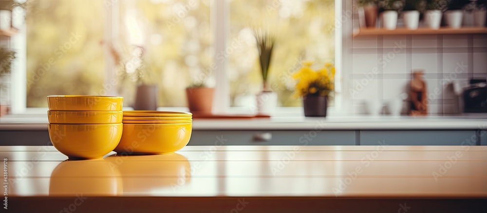 Kitchen and yellow table with blurred background