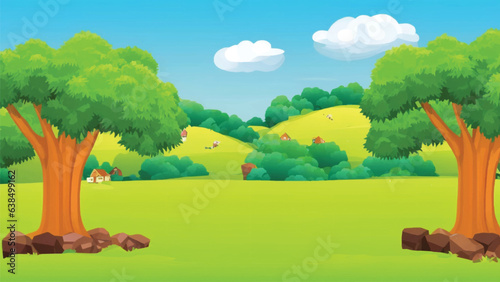 A green field with trees and a house in the distance, farm background